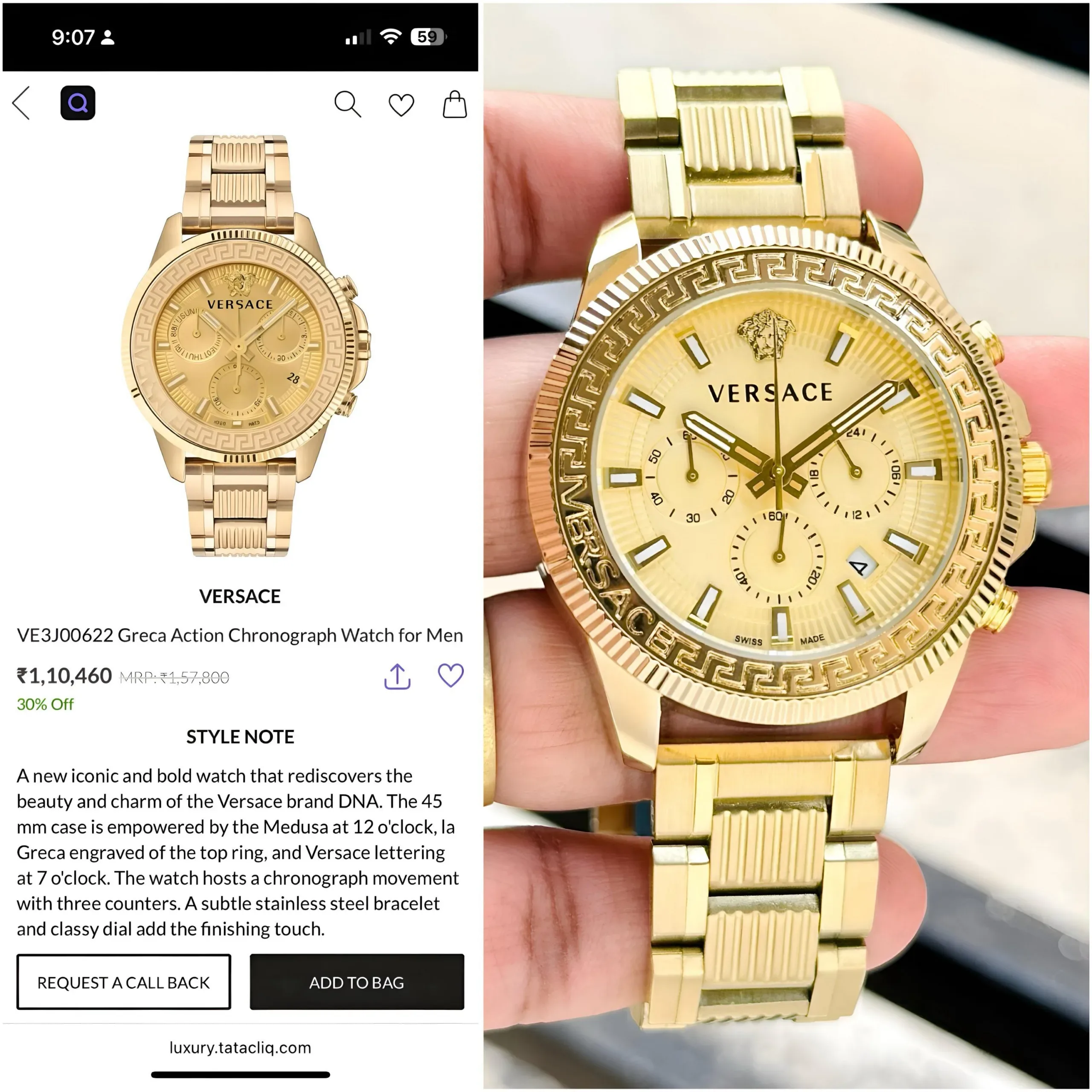 VERSACE GRECA CHRONOGRAPH 7AA PREMIUM GOLD STRAP - Image 5