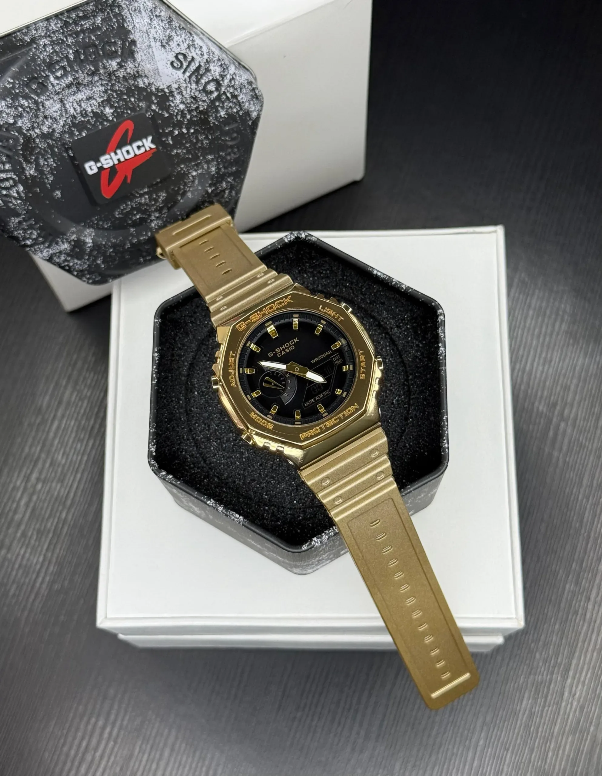 G SHOCK MONOCHROME STAINLESS STEEL GOLD BEZEL & BLACK DIAL - Image 2