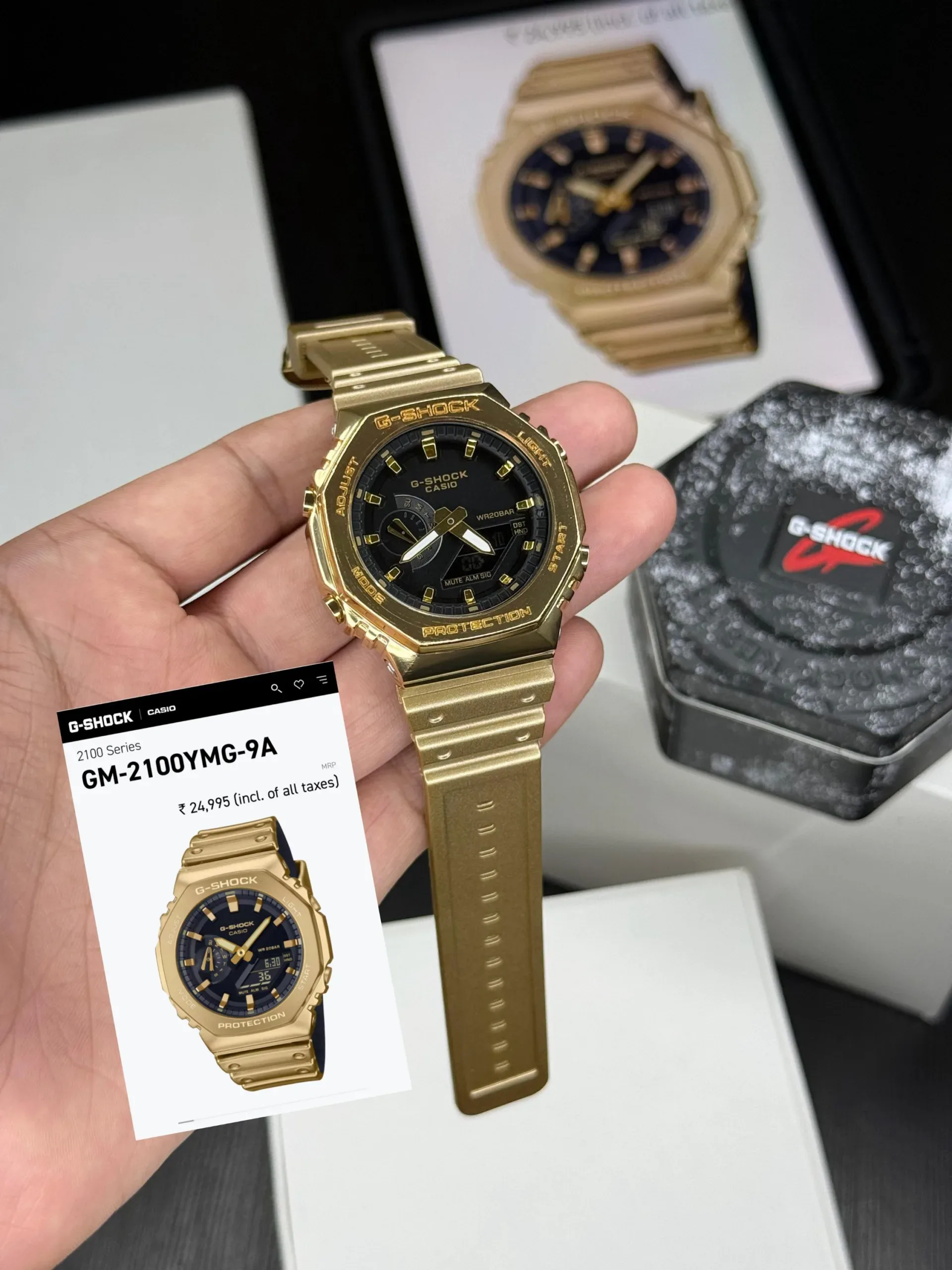 G SHOCK MONOCHROME STAINLESS STEEL GOLD BEZEL & BLACK DIAL - Image 1